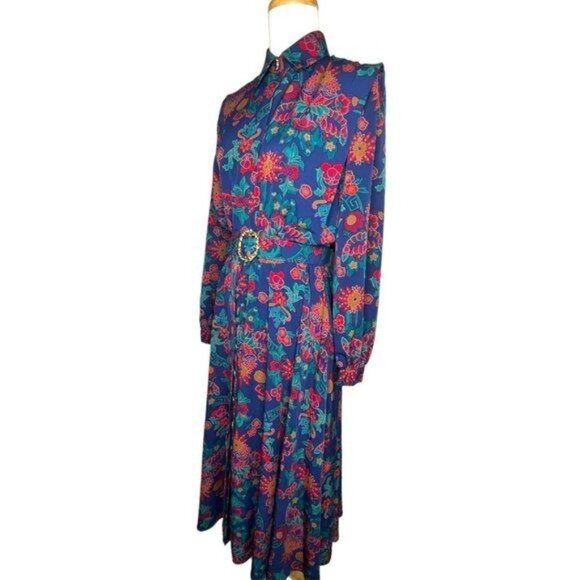 Schrader Long Sleeve 80s Floral Shirt Belted Dress With Jewel Button Cuffs Sz 8 - Picture 11 of 16
